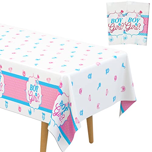 DECORLIFE 2 Pack Gender Reveal Tablecloth, 54 x 108 Inch, Waterproof Pink and Blue Tablecloth for Gender Reveal Party Decorations