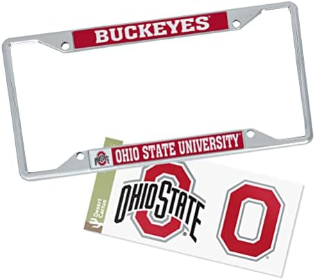 Desert Cactus Ohio State University License Plate Frame Metal Car Tag Holder and Sticker for Front or Back of Car Officially Licensed (Sticker Frame Combo - Mascot)