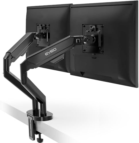 EVEO Premium Dual Monitor Mount 14"-32” Dual Monitor Arm VESA Bracket Adjustable Height Gas Spring Dual Monitor Stand, Screen Full Motion Dual Monitor Arm-Computer Monitor Stand for 2 Screens - Black