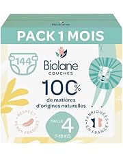 BIOLANE - Couches Taille 4 - (7-18 kg) - Peaux Sensibles - Ultra-Absorbant, Pas de Fuite, 12h au Sec - Pack 1 mois 144 couches - Fabriqué en France