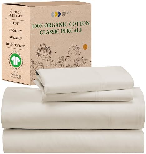 California Design Den 100% Organic Cotton Queen Sheet Set, Deep Pockets, Percale Sheets Queen, Soft Cooling Sheets, GOTS Certified 4 Piece Cotton Bed Sheets Queen, Ivory Sheets