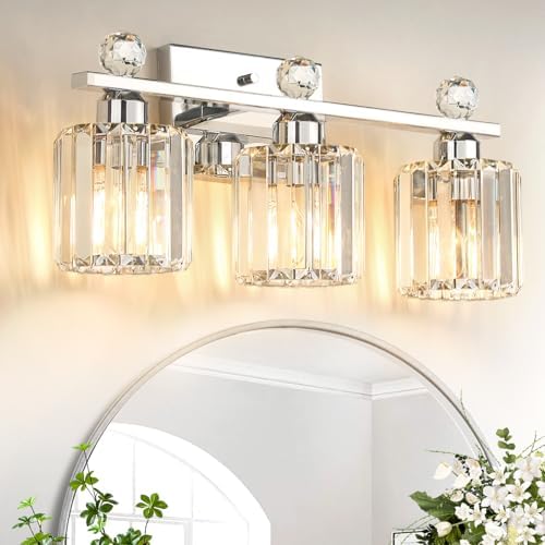 KunruiTAI Crystal Bathroom Lighting Fixtures Over Mirror, 3 Light Chrome Brushed Nickel Vanity Light, Modern Bath Wall Sconce Lighting for Bedroom Living Room