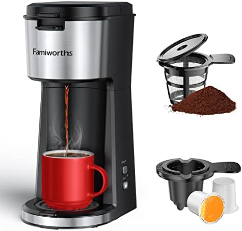 Famiworths Single Serve Coffee Maker for K Cup & Ground Coffee, With Bold Brew, One Cup Coffee Maker, 6 to 14 oz. Brew Sizes, Fits Travel Mug, Classic Black