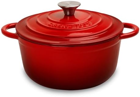 CASA LITUS Olla de Hierro Fundido 3.9L Rojo tipo Dutch Oven para Horno y Estufa, Horno Holandés Esmaltado con Tapa, Cacerola Antiadherente de Cocción Uniforme para Hornear y Asar. Mod. Róterdam