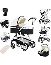 Zkiprm Cuero Carrito Bebe 3 en 1 Carrito Bebe Plegable con un Solo Toque Carro Bebe con Asiento de Coche y Gran Cesta Para Dormir Carro Bebe cubierta para la lluvia (Bebés de 0 a 48 Meses) Blanco