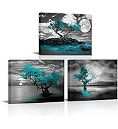 RyounoArt 3 Panel Tree Canvas Wall Art Black and White Teal Tree with Full Moon Painting Pictures...