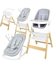 Twinly - Trona Evolutiva Bebé Set con hamaca 5 en 1 Multifunción Alaia: Hamaquita, Torre de Aprendizaje, Silla - desde Nacimiento 0m+ -Plegable y Ergonómica Madera Haya - Arnés con protector