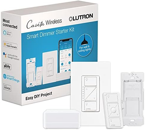 Lutron Caseta Smart Lighting Kit w/ Hub, Original Dimmer Switch, Remote & More, for LED Light Bulbs, Works w/ Alexa, Apple Homekit, Google Home, 150W, No Neutral Required, P-BDG-PKG1W-A