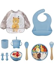 Vajilla de Bebé Silicona, 10 piezas Juegos de vajilla infantil, Cubiertos con plato ventosa, Plato Bebe Ventosa,Tenedor con mango de madera, bebe de silicona, Babero Set vajilla silicona bebe