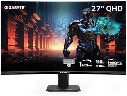 GIGABYTE GS27QC 27" 165Hz 1440P Curved Gaming Monitor, 2560 x 1440 VA 1500R Display, 1ms (MPRT) Response Time, HDR Ready, FreeSync Premium, 1x Display Port 1.4, 2X HDMI 2.0,Black