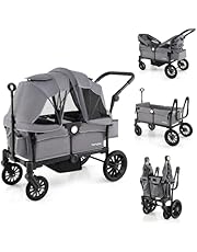 BABY JOY Wagon Stroller for 2 Kids, Collapsible Push Pull Double Stroller Wagon with Adjustable Handle Bar, Removable Canopy, Safety Harness, Cup Holder, Snack Tray &amp; Storage Bag (Gray)