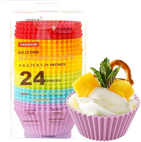 Katbite Reusable Silicone Baking Cups 24 Pack - Non-stick Muffin Cupcake Liners Set, Thick & Heavy Duty Cupcake Molds - Perfect for Party Halloween Christmas Bakery Supplies, Multicolor