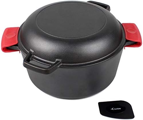 Horno holandés de hierro fundido con tapa de sartén, 10.23 pulgadas (26 cm) de diámetro, 5 cuartos (4.8 l), olla múltiple para freír, cocinar, hornear y asar + 2 agarraderas de silicona