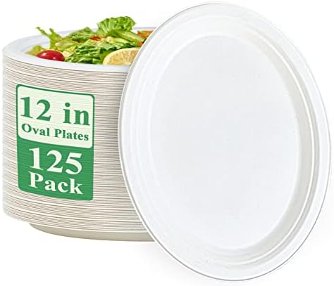 Vplus 100% Compostable Oval Paper Plates 12 inch 125 Pack Super Strong Disposable Paper Plates Bagasse Natural Biodegradable Eco-Friendly Sugarcane Plates for BBQ, Party, Dinner, and Picnic