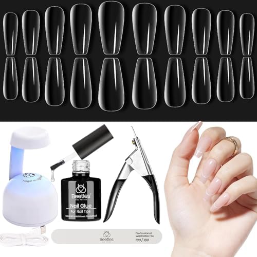 Beetles Soft Gel Nail Kit Medium Coffin Easy Nail Extension Set 5 In 1 Nail Glue Gel Base Coat with Pre shaped Gel Nail Tips and Led Nail Lamp Acrylic Nail Clipper Nail Art Design Gifts for Women