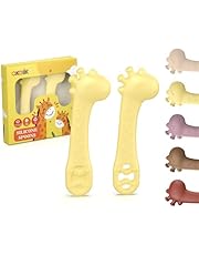 akolik PreCucharas Para Bebes, 2 Piezas de Cuchara Bebe Aprendizaje Cuchara Baby de Silicona Sin BPA, Munchkin Cubiertos Infantiles Jirafas Mordedor para bebés y niños pequeños a partir de 4 meses