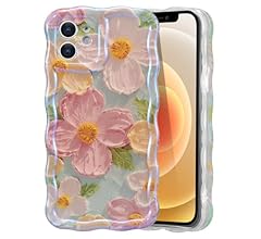 EYZUTAK Case for iPhone 12, Colorful Retro Oil Painting Printed Flower Laser Beam Glossy Pattern Cute Curly Waves Border Ex…