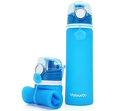 Valourgo Collapsible Water Bottle, Silicone Foldable with Leak Proof Valve BPA Free, Aqua Blue, 21 oz