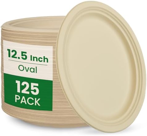 biocean 12.5 Inch Compostable Oval Plates [125-Value Pack] - Sustainable and Heavy-Duty Compostable Paper Plates, Natural Sugarcane Bagasse Biodegradable Plates, Natural Brown