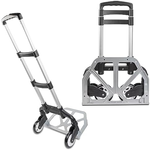 Ultimaxx Professional Heavy-Duty 150 Pound (lb) Capacity Aluminum Folding Hand Truck/Luggage Cart (Black/Silver) with Adjustable Handle, Folding Away Wheels, and Bungee Cord