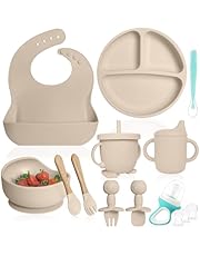 Bluet B Baby - Vajilla Bebe Silicona - Plato Bebe Ventosa - Vajilla Infantil Antideslizante sin BPA - Set Silicona Platos Bebe - Cubiertos Bebe BLW - Chupete Alimenticio - 11 piezas (Beige)