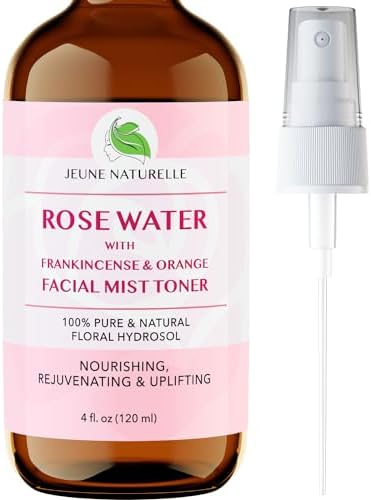 Rose Water Spray for Face - 100% Pure Rose Water with Frankincense & Blood Orange Facial Mist Toner, Alcohol Free, Dye Free, High Concentration Body Mist & Face Mist - Steam Distillation, 4 oz