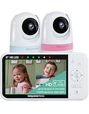 Babysense Prisma - Vigilabebés HD de 5 pulgadas con 2 cámaras y audio, luz nocturna de 6 colores, pantalla dividida, máquina de sonido para bebés con ruido blanco y canciones de cuna, conexión segura