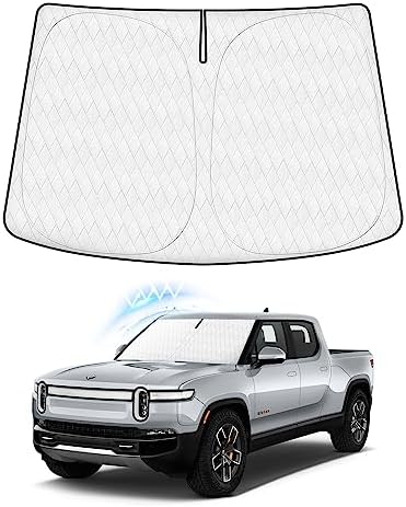 KUST Windshield Shade Custom Fit for Rivian R1T 2022 2023 2024 2025 Sun Shade Front Windshield Sun Visor Foldable Thicker 5-Layer Block Heat and Sun UV Rays