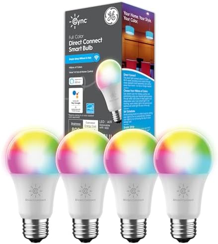 GE Lighting CYNC Smart LED Light Bulbs, Full Color, Bluetooth and Wi-Fi Enabled, Compatible with Alexa Google Home, A19 Bulbs (Pack of 4), CLEDA199CD1/BSS-4SIOC