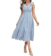 Midi Dress Eyelet Smocked Lace Cotton Tiered A Line Sun Dress with Lining V-Neck Ruffle Cap