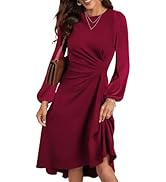 Happy Sailed Women's Fall Long Sleeve Ruched Waist Flowy A Line High Low Midi Cocktail Party Dress