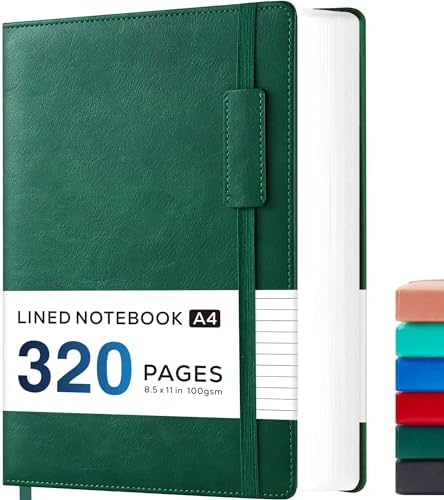 NIRMIRO A4 Notebook Hardback, A4 Lined Notepad Note Book Journal with 320 Pages for Men Women Work Writing, Large Thick Hardback Leather Notebook Note Pad with Inner Pocket, 21.5 x 28 cm, Green