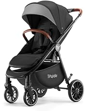 Tinyiota Baby Stroller, Infant Stroller with Large UPF 50+ Canopy,Luxury Pram Stroller with Leather Handle &amp; Spacious Seat, One-Hand Foldable Pushchair, Toddler Stroller with Lie-Flat Mode(Black)