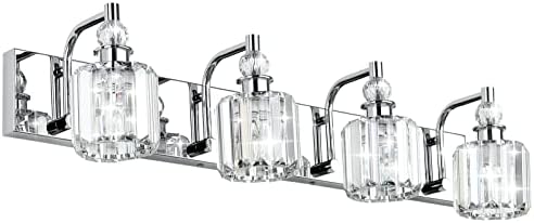 Ralbay Crystal Bathroom Vanity Light 4 Light Modern Crystal Bathroom Lights Fixtures Over Mirror Stainless Steel Chrome Vanity Light for Bathroom Wall Lights Fixtures