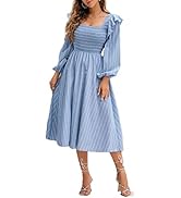 Miessial Women's Striped Linen Long Dress Elegant Ruffle Cap Sleeves Midi Dress