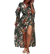 Miessial Women's Boho V Neck Floral Chiffon Dress Backless Beach Split Maxi Dress with Belt