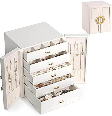 Large Jewelry Box Jewelry Organizer,5-Layer Jewelry Display Storage Case for Earring Necklace Bracelets Rings Watches Jewelry Holder (Off White)