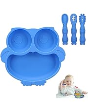 Alyvisun Búho Platos Bebe con Ventosa, Vajilla de Silicona Bebé con 3 Cuchara Tenedor Placa Dividida para Niños Pequeños Plato de Alimentación Antideslizante para Tronas y Sillines (Azul)