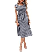 Miessial Women's Striped Linen Long Dress Elegant Ruffle Cap Sleeves Midi Dress