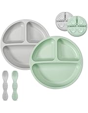 PandaEar Set de Alimentación para Bebés de Silicona | 2 Platos Divididos con Ventosa de Silicona y 2 Cucharas | Utensilios de Autoalimentación para el Destete del Bebé (Verde/Gris)