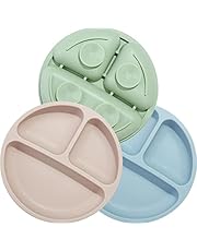 PandaEar Platos de silicona para bebé antideslizantes para niños con ventosas – Platos de bebé estables divididos – sin BPA – Paquete de 3 – Apto para lavavajillas y microondas (Azul/verde/marrón)