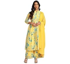 Janasya Women's Yellow Georgette Floral Gathered Kurta Set