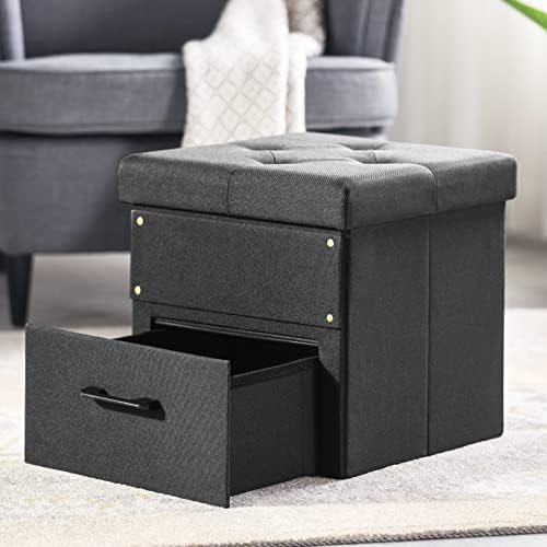 Otto & Ben Stockbox Ottoman with Storage Drawer, 15" Cube Collapsible Bench-Stool, Black