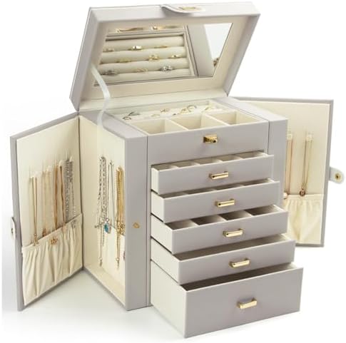 KAMIER Jewelry Box for Women, 6-Layer Large Jewelry Organizer Box with Mirror & 5 Drawers for Rings, Earrings, Necklaces, Bracelets,Gray