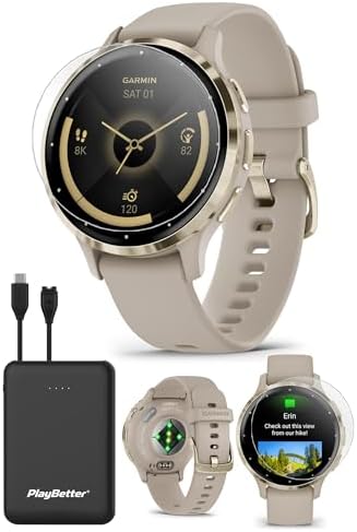 PlayBetter Garmin Venu 3S (Soft Gold/French Gray) Fitness GPS Smartwatch Bundle - AMOLED Touchscreen, 10 Days Battery, Sleep & Recovery - Includes HD Screen Protectors & Portable Charger