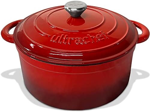 Ultrachef Olla de Hierro Fundido Esmaltado para Estufa y Horno | Horno Holandés Cubierto de Hierro Fundido | Dutch Oven | Redonda | Tamaño 24 cm, Capacidad 3.8 Litros, Rojo