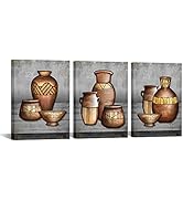 RyounoArt 3 Piece Vintage Copper Vase Canvas Wall Art Ancient Pottery Southwest Painting Pictures...