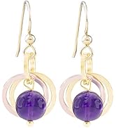 Dainty Dark Purple Genuine 8MM Amethyst Dangle Earrings with 14K Yellow and Rose Gold-Filled Circ...