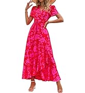 PRETTYGARDEN Women's Summer Wrap Maxi Dress Casual Boho Floral V Neck Short Sleeve Ruffle Hem Spl...