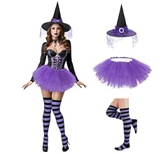 Durio Witch Costume for Women Adult Tutu Witch Hat Stripped Thigh High Socks 3 PCS Halloween Costume Set Witch Outfit